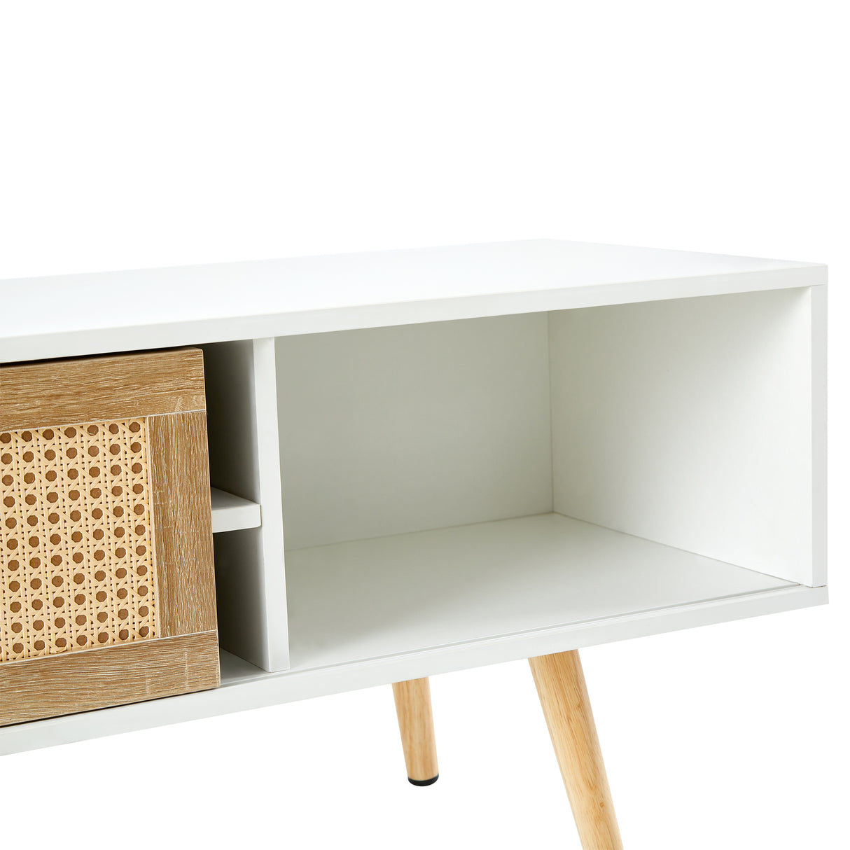 55.12" Rattan TV cabinet double sliding doors for storage adjustable shelf solid wood legs TV console for living room  White - V.I.P Digital Presence