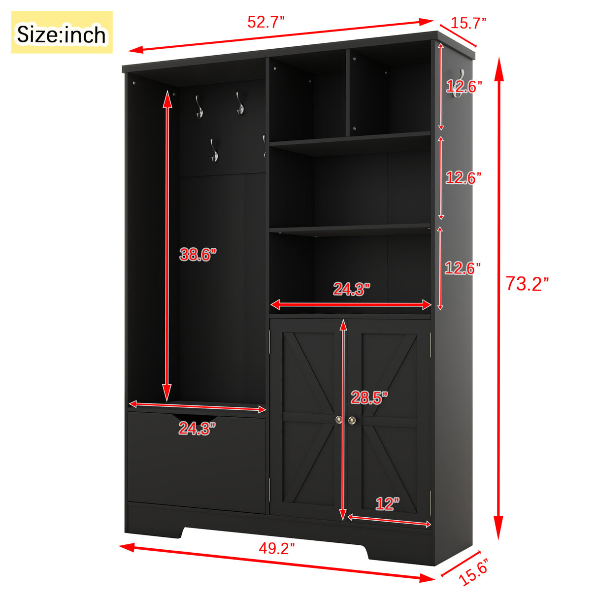 Multi-functional Hall Tree with Storage Shelves Drawers and Cabinet, Elegant Hallway Shoe Cabinet with Bench Modern Black - V.I.P Digital Presence