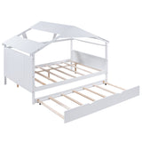 Wood Full Size House Bed with Twin Size Trundle and Storage  White