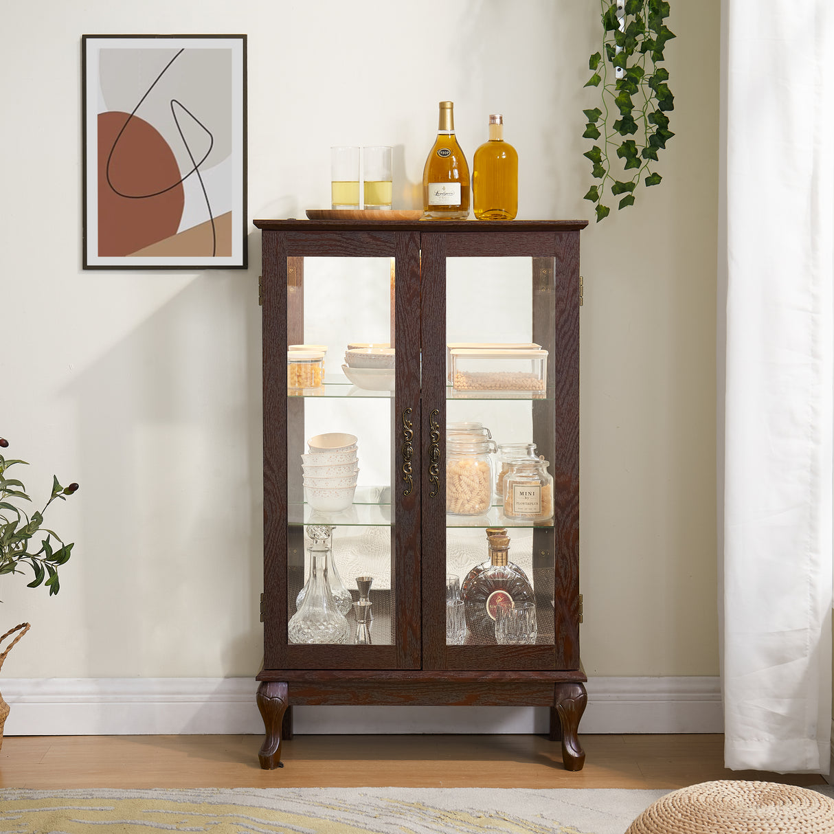 Dual door Curio cabinet with tempered glass mirror back panel and adjustable shelf display cabinet with light bulbs cherry color - V.I.P Digital Presence