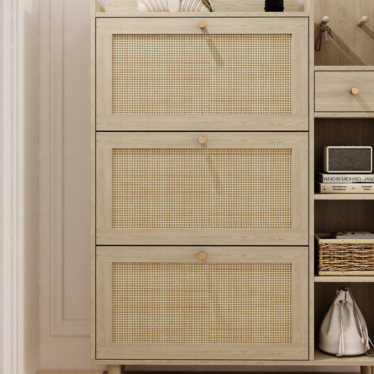 Natural Bohemian style shoe cabinet with 3 rattan flip drawers, 3 square shelves, and 1 storage drawer,  Natural - V.I.P Digital Presence