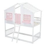 Twin over Twin House Bunk Bed with Roof , Window, Window Box, Door , with Safety Guardrails and Ladder, Pink/White - V.I.P Digital Presence