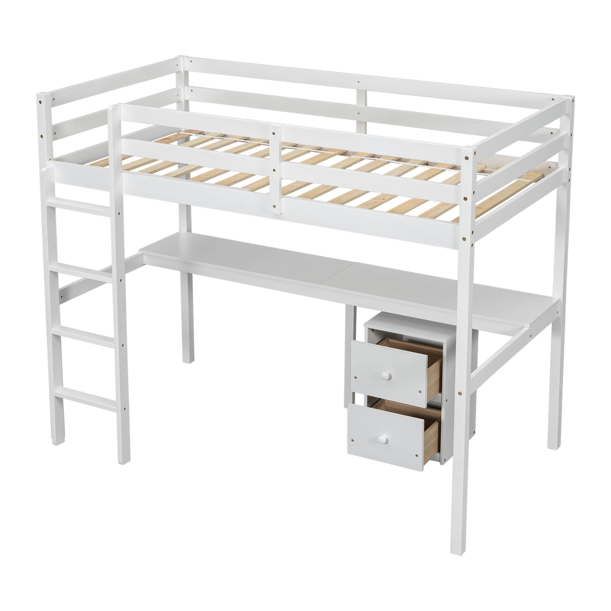 Twin Loft Wood Bed with Under-bed, Built-in Desk, a Storage Cabinet of 2 Drawers, Guardrails, Ladder,White - V.I.P Digital Presence