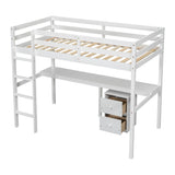 Twin Loft Wood Bed with Under-bed, Built-in Desk, a Storage Cabinet of 2 Drawers, Guardrails, Ladder,White - V.I.P Digital Presence