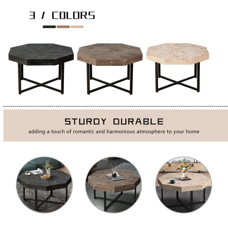 Wooden octagonal retro patchwork craft 30 inch wooden tabletop cross metal leg coffee table (Antique Black) - V.I.P Digital Presence