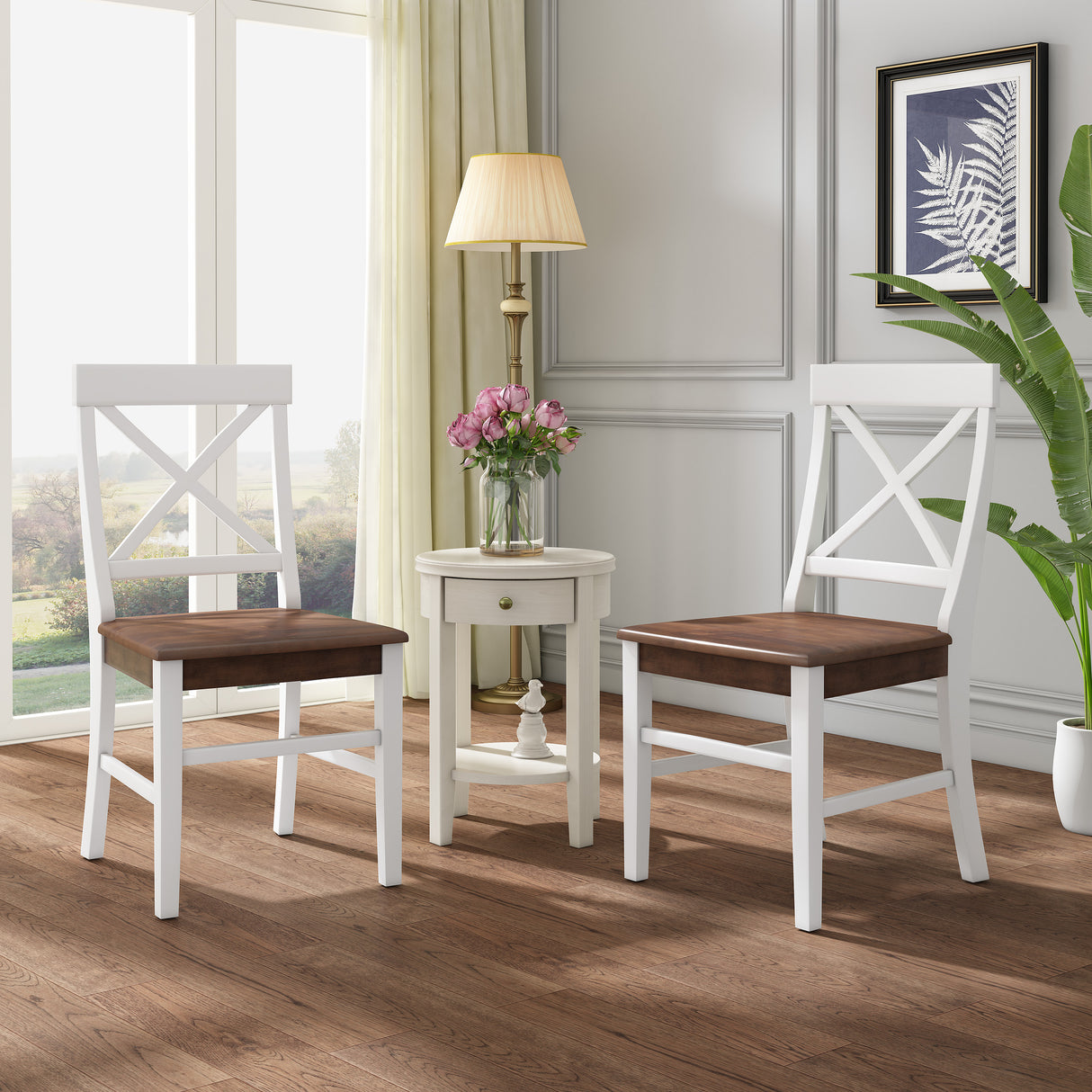 Roshan Farmhouse Acacia Wood Dining Chairs, White / Walnut (Set of 2) - V.I.P Digital Presence
