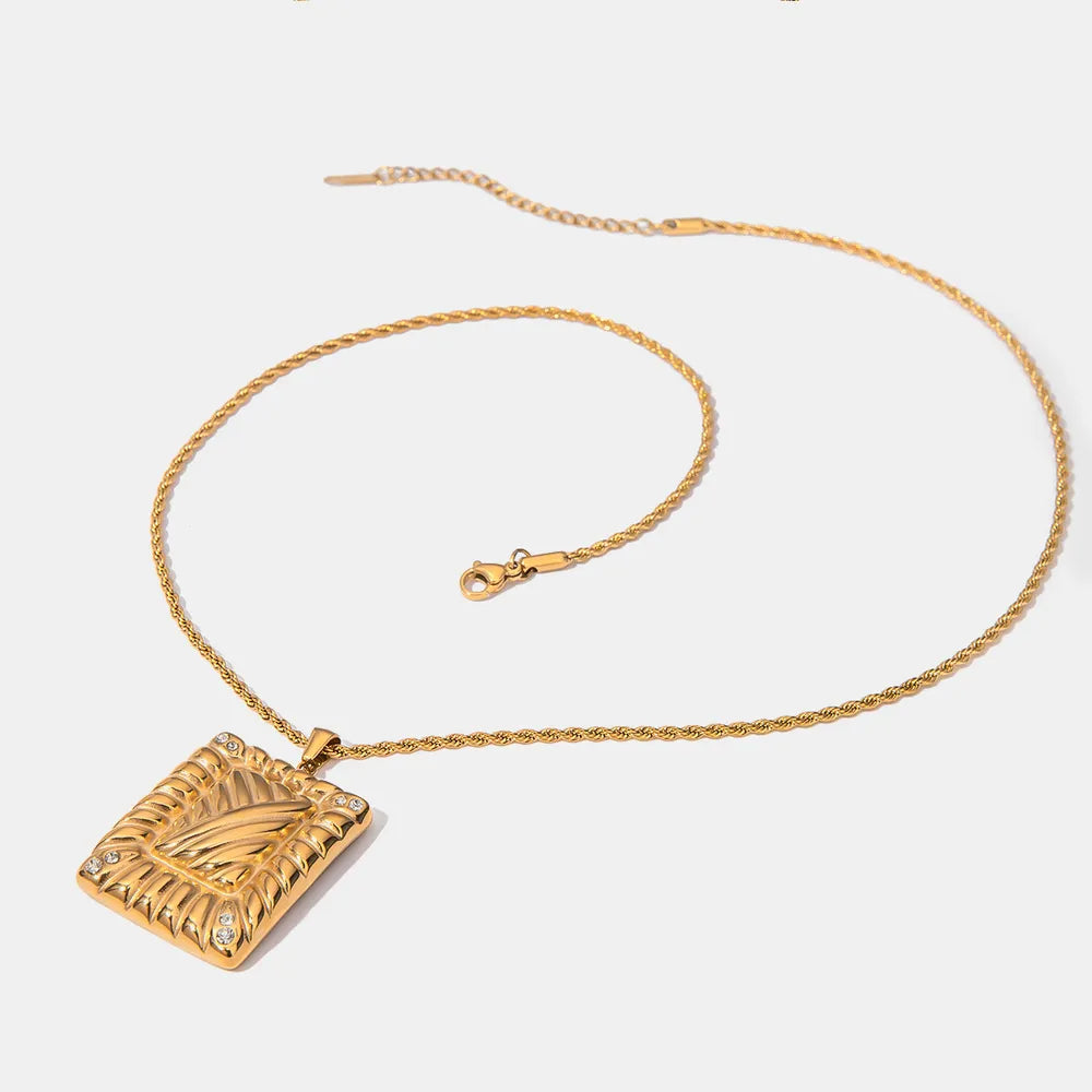 Stainless Steel Inlaid Rhinestone Rectangle Shape Pendant Necklace - V.I.P Digital Presence