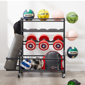 Four layer metal storage rack, large ball storage rack with rollers, baskets, and hooks - V.I.P Digital Presence