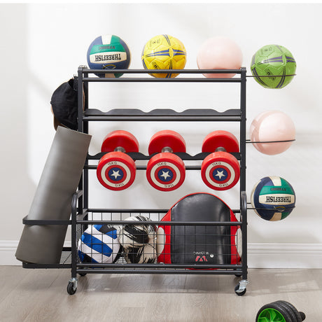 Four layer metal storage rack, large ball storage rack with rollers, baskets, and hooks - V.I.P Digital Presence