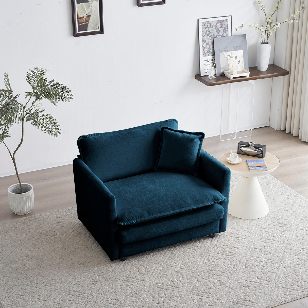 Comfy Deep Single Seat Sofa Upholstered Reading Armchair Living Room Chair Blue Chenille Fabric , 1 Toss Pillow - V.I.P Digital Presence