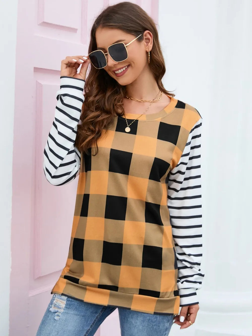 Plaid Striped Round Neck Long Sleeve T-Shirt - V.I.P Digital Presence