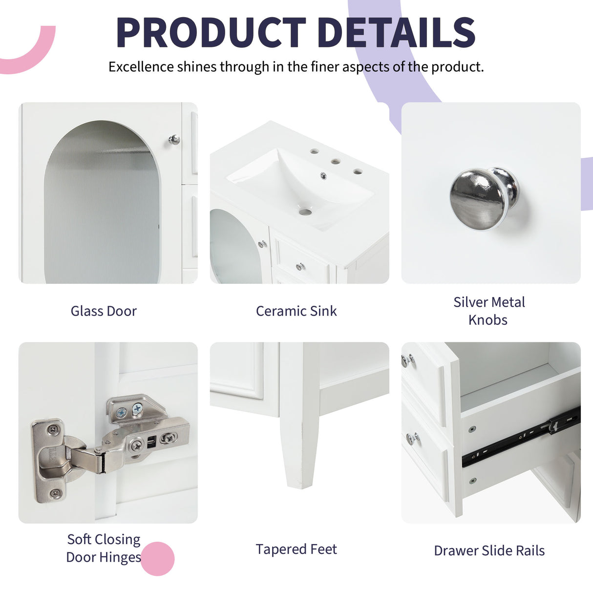30" Bathroom Vanity with Sink, Bathroom Vanity Cabinet with Three Drawers and Door, Solid Wood and MDF, White - V.I.P Digital Presence