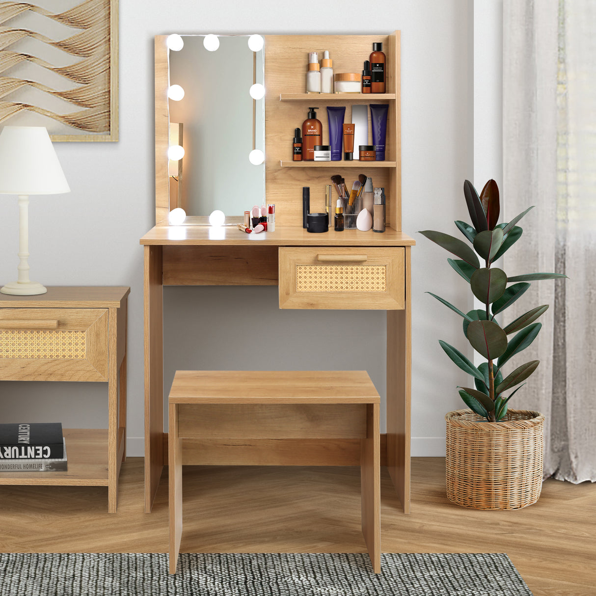 Vanity Desk Set Stool & Dressing Table with LED Lighting Mirror Drawer and Wood Cosmetic Table Chest of Drawers Nature Color - V.I.P Digital Presence