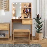 Vanity Desk Set Stool & Dressing Table with LED Lighting Mirror Drawer and Wood Cosmetic Table Chest of Drawers Nature Color - V.I.P Digital Presence