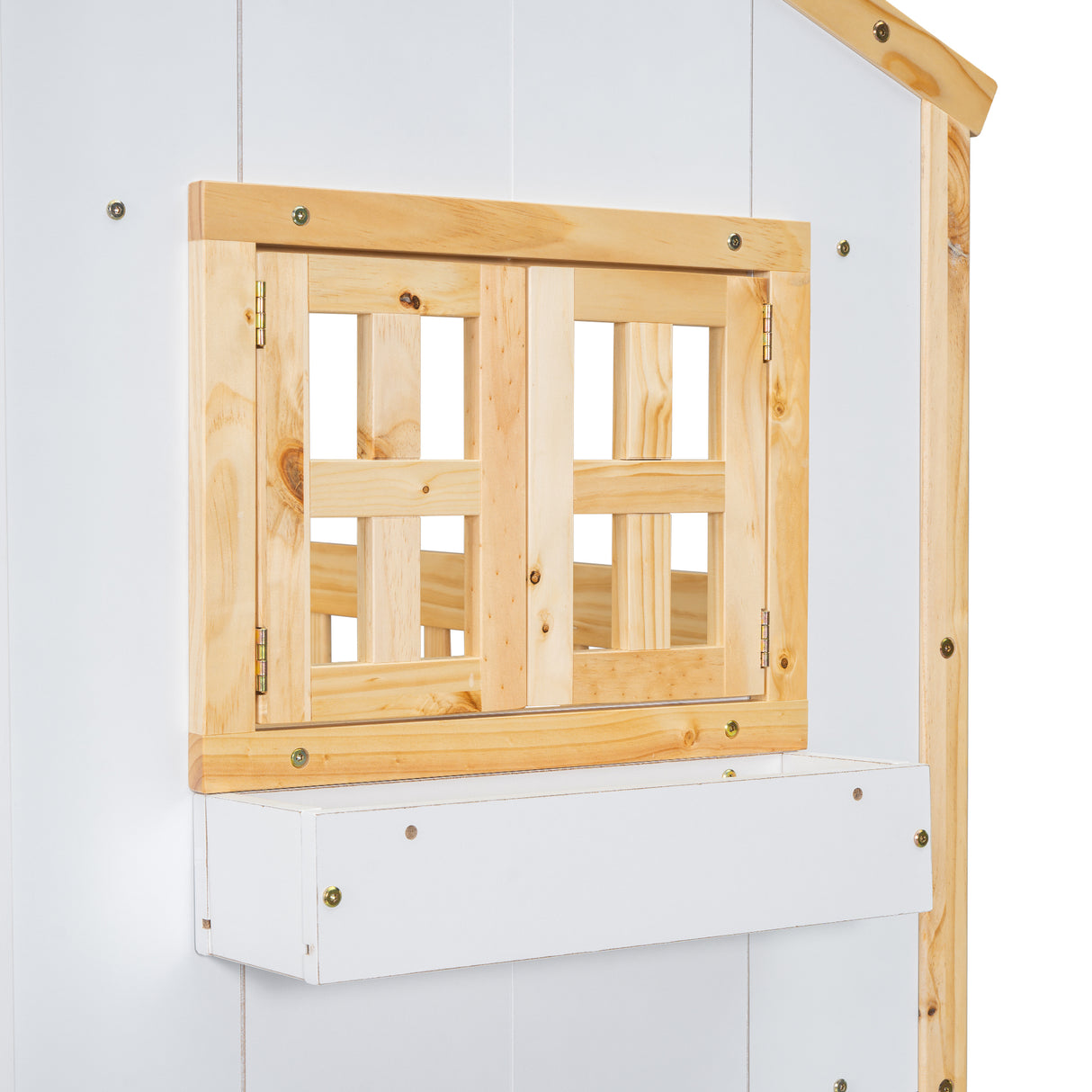 Twin over Twin House Bunk Bed with Roof , Window, Window Box, Door , with Safety Guardrails and Ladder, Natural/White - V.I.P Digital Presence