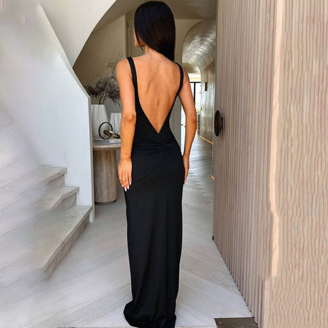 Style Strap Long Dress Women's Sexy Backless Hollow Pleated Dress - V.I.P Digital Presence