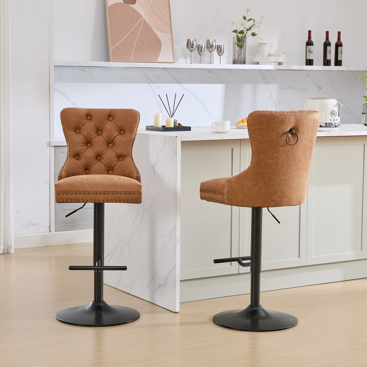 Vintage PU rotating bar stool, seat height adjustable from 25-33 inches, modern bar stool (orange, 2-piece set) - V.I.P Digital Presence