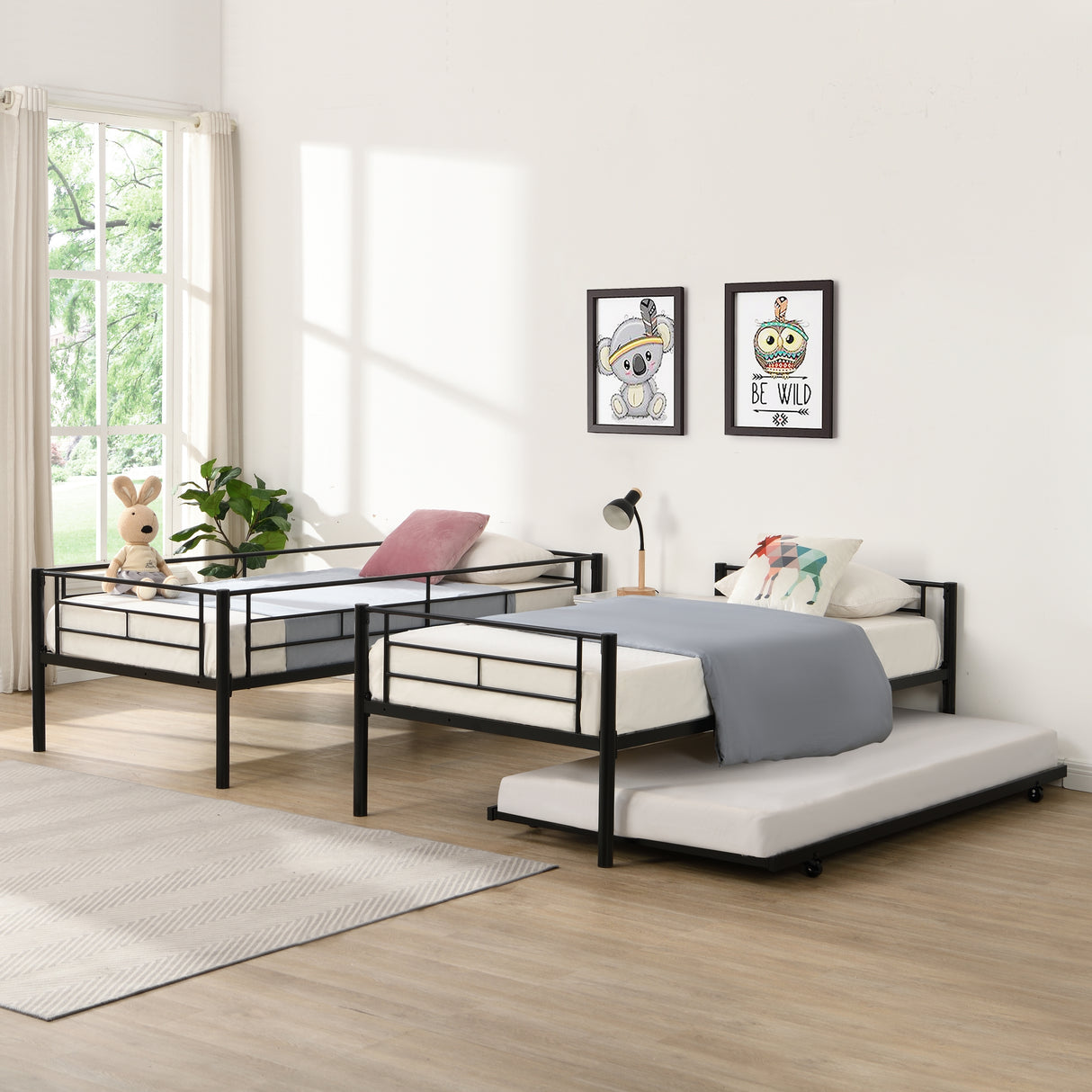 Twin bunk bed frame with trailer, metal bunk bed with sturdy guardrail and side ladder, can be divided into two beds, black - V.I.P Digital Presence