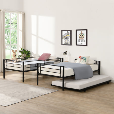 Twin bunk bed frame with trailer, metal bunk bed with sturdy guardrail and side ladder, can be divided into two beds, black - V.I.P Digital Presence
