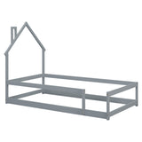 Twin Size Wood bed with House-shaped Headboard Floor bed with Fences,Grey - V.I.P Digital Presence