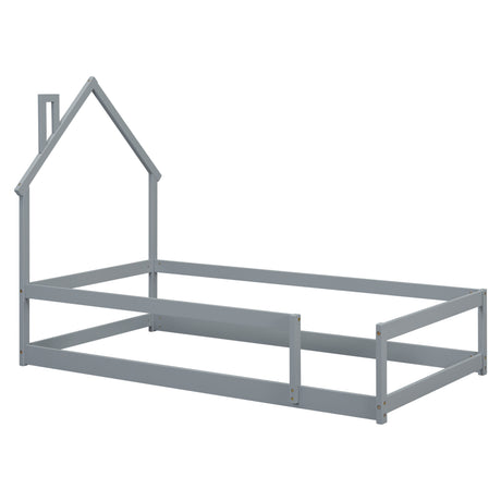 Twin Size Wood bed with House-shaped Headboard Floor bed with Fences,Grey - V.I.P Digital Presence