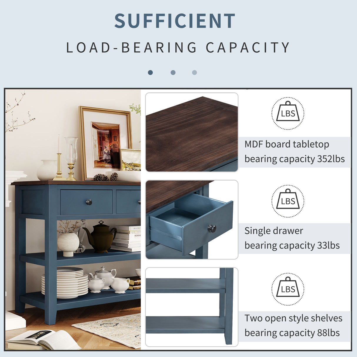 Retro Design Console Table with Two Open Shelves, Pine Solid Wood Frame and Legs for Living Room (Antique Navy+Espresso) - V.I.P Digital Presence
