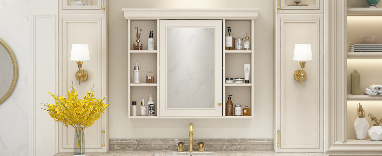 35'' x 28'' Blue Wall Mounted Bathroom Storage Cabinet with Mirror Door, Modern Bathroom Wall Cabinet with Mirror - V.I.P Digital Presence