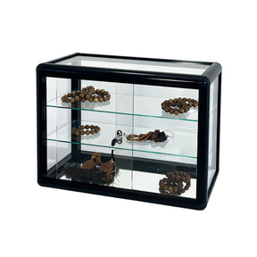 Tempered glass counter top display cabinet with sliding glass door and lock, standard aluminum frame - V.I.P Digital Presence