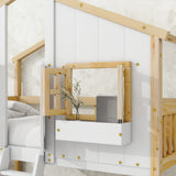 Twin over Twin House Bunk Bed with Roof , Window, Window Box, Door , with Safety Guardrails and Ladder, Natural/White - V.I.P Digital Presence