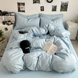 Washed Cotton Solid Color Double Spliced Four-Piece Bedding Set - Sheet, Quilt Cover, Pillowcases for Employee and Dormitory Use