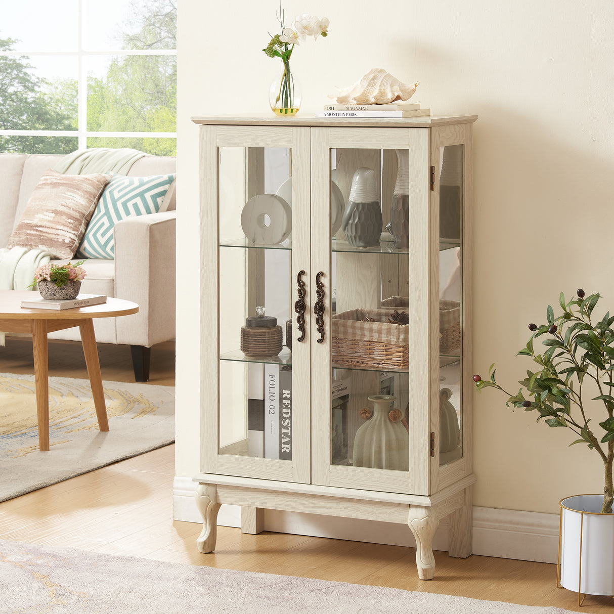 Dual door Curio cabinet with tempered glass door mirror back panel and adjustable shelf display cabinet with light bulbs, white - V.I.P Digital Presence