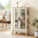 Dual door Curio cabinet with tempered glass door mirror back panel and adjustable shelf display cabinet with light bulbs, white - V.I.P Digital Presence