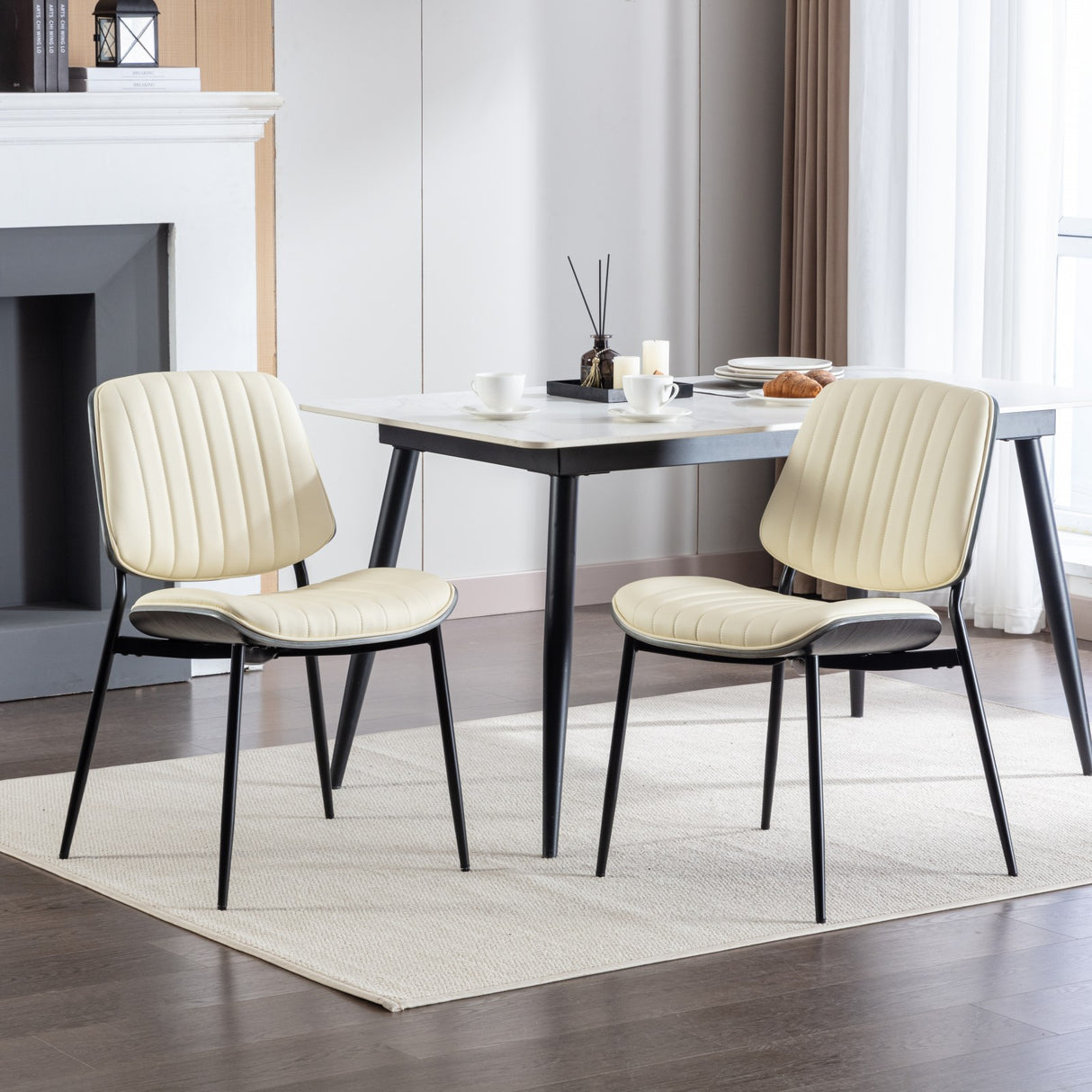 2-piece retro linen chair set with curved wooden backrest, cushioned seat, adjustable metal legs, (Beige PU) - V.I.P Digital Presence