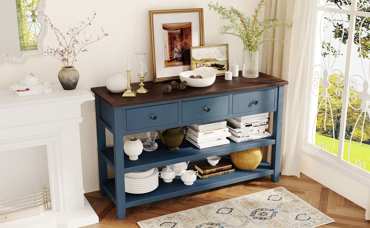 Retro Design Console Table with Two Open Shelves, Pine Solid Wood Frame and Legs for Living Room (Antique Navy+Espresso) - V.I.P Digital Presence