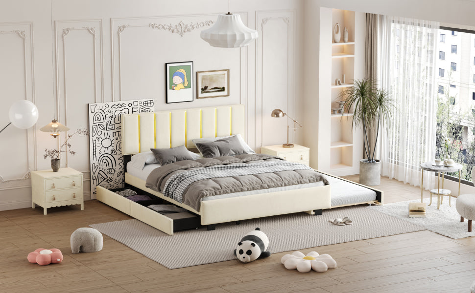 Queen Size Upholstered Platform Bed with 2 Drawers and 1 Trundle, Classic Metal Strip Headboard Design, Beige - V.I.P Digital Presence