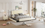 Queen Size Upholstered Platform Bed with 2 Drawers and 1 Trundle, Classic Metal Strip Headboard Design, Beige - V.I.P Digital Presence