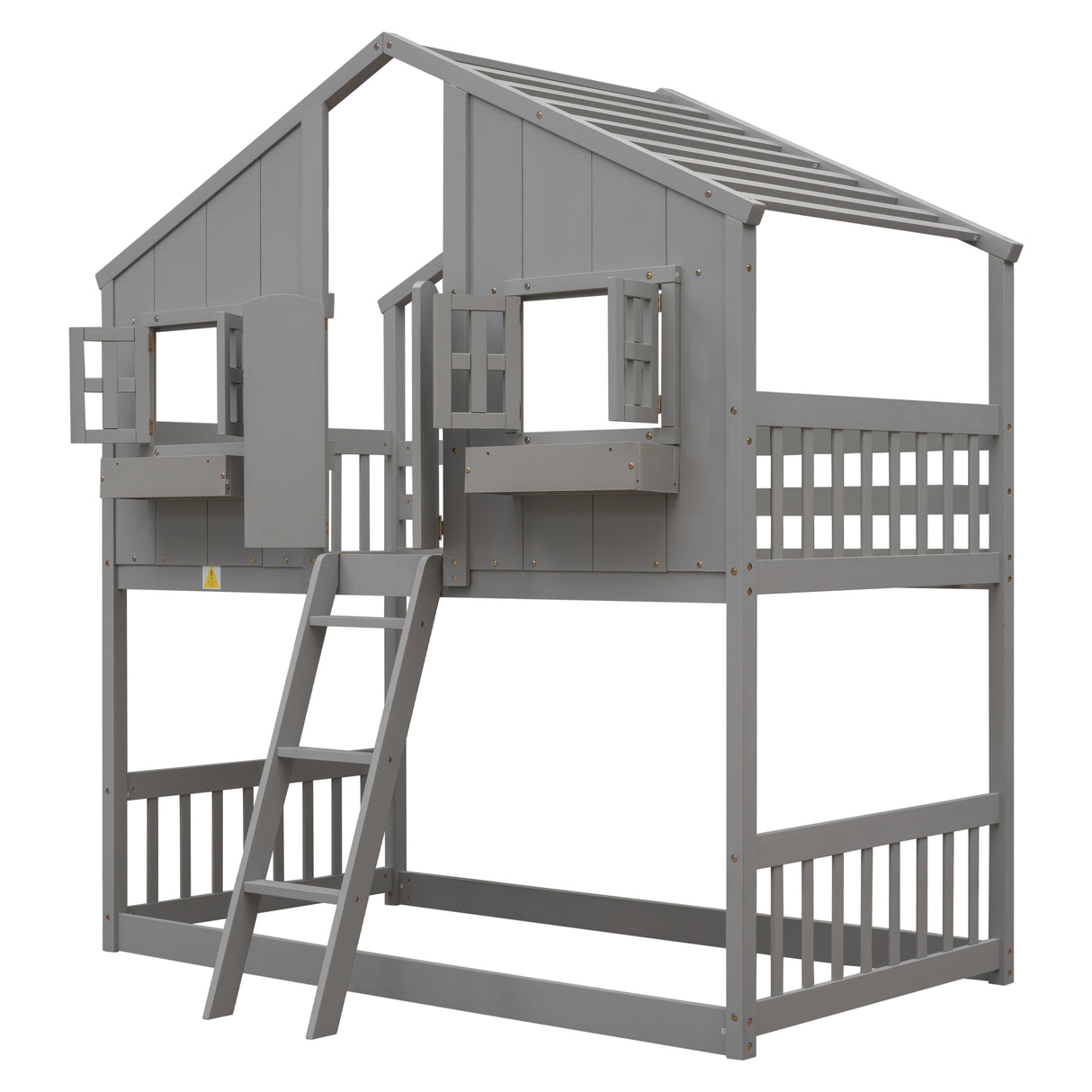 Twin over Twin House Bunk Bed with Roof , Window, Window Box, Door , with Safety Guardrails and Ladder, Grey - V.I.P Digital Presence