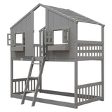 Twin over Twin House Bunk Bed with Roof , Window, Window Box, Door , with Safety Guardrails and Ladder, Grey - V.I.P Digital Presence