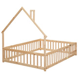Full House-Shaped Headboard Floor Bed with Fence Natural - V.I.P Digital Presence