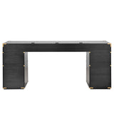 70 inch classic and traditional executive desk with metal trim, writing desk with 2 file drawers, USB ports, and sockets, black - V.I.P Digital Presence