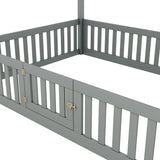 Full Size Wood House Bed with Fence and Door, Gray - V.I.P Digital Presence