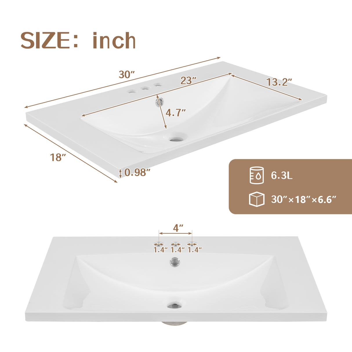 30" Single Bathroom Vanity Top with White Basin, 3-Faucet Holes, Ceramic, White - V.I.P Digital Presence