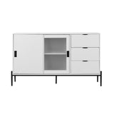 Modern characteristic storage cabinet side panel with glass sliding door and 3 drawers, dining table cabinet in white color - V.I.P Digital Presence