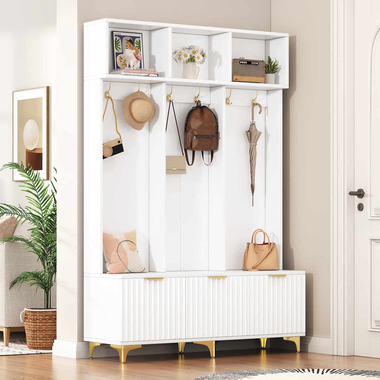 Large storage hall tree with bench, multifunctional storage platform, luxury clothes hanger equipped with 6 gold hooks - V.I.P Digital Presence