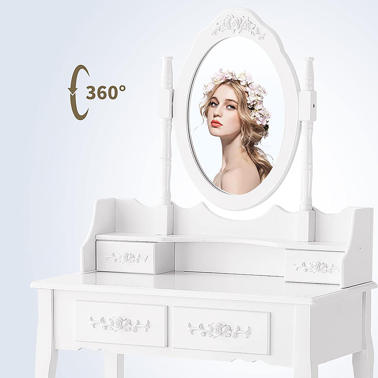 Vanity Table Set with 4 Drawer, Makeup Dressing Table w/Cushioned Stool, Girls Women Bedroom Furniture Set Oval Mirror - V.I.P Digital Presence