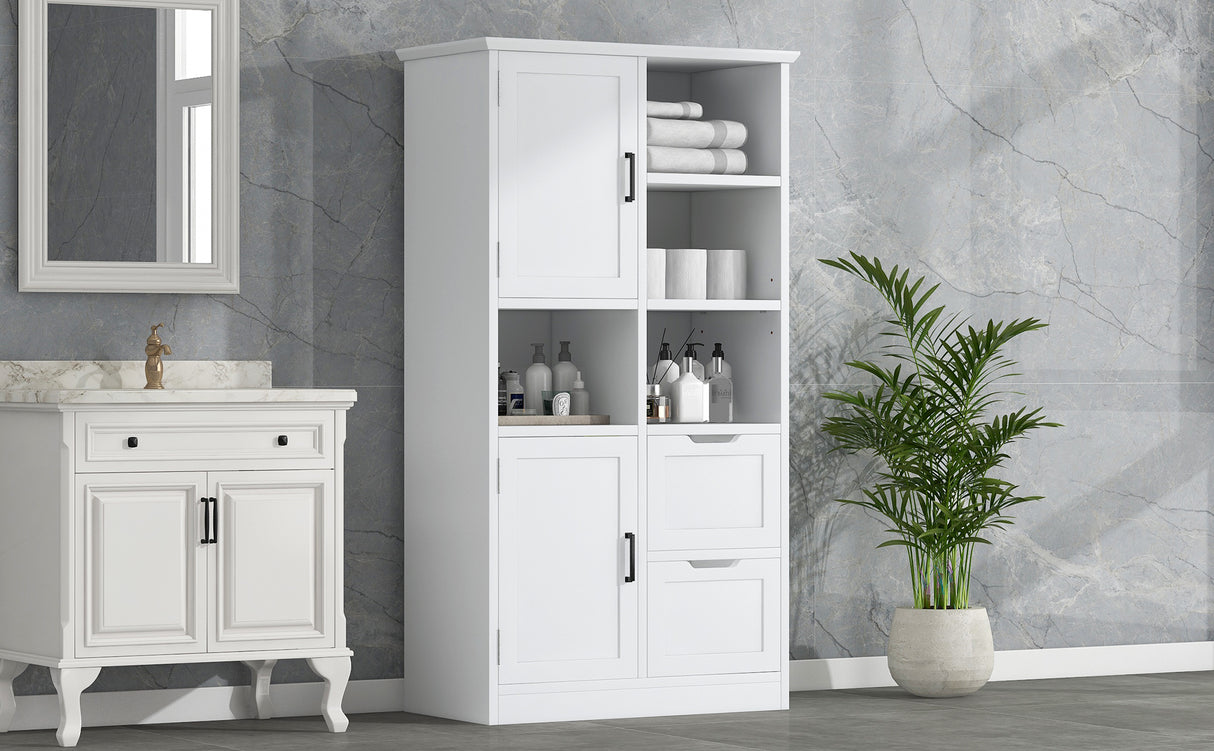 Bathroom storage cabinet with doors and drawers, multiple storage spaces, independent, open adjustable shelves, white - V.I.P Digital Presence