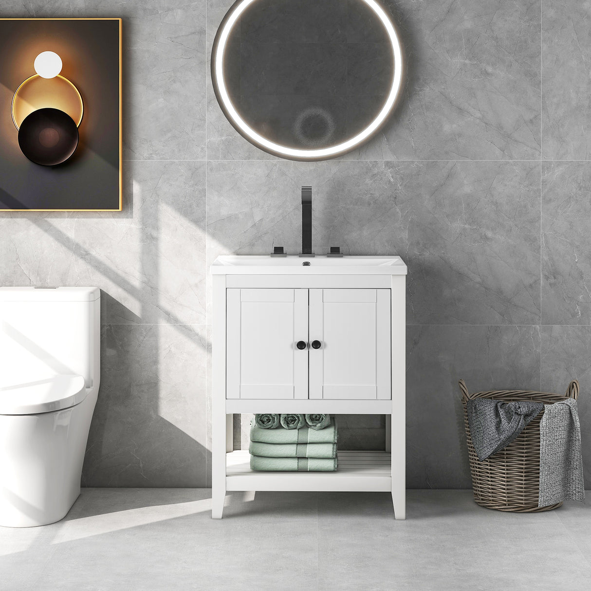 24" White Modern Sleek Bathroom Vanity Elegant Ceramic Sink with Solid Wood Frame Open Style Shelf - V.I.P Digital Presence