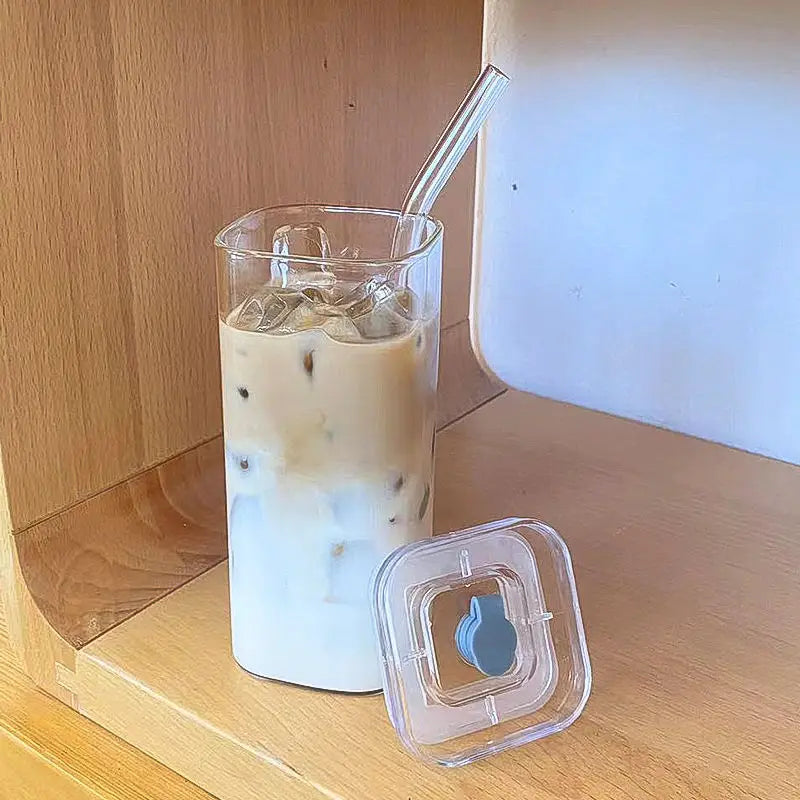 Shaped glass water cup with lid transparent and simple flat bottom heated cup - V.I.P Digital Presence