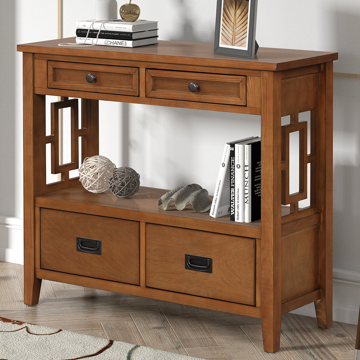 36'' Farmhouse Pine Wood Console Table Entry Sofa Table with 4 Drawers & 1 Storage Shelf (Brown) - V.I.P Digital Presence