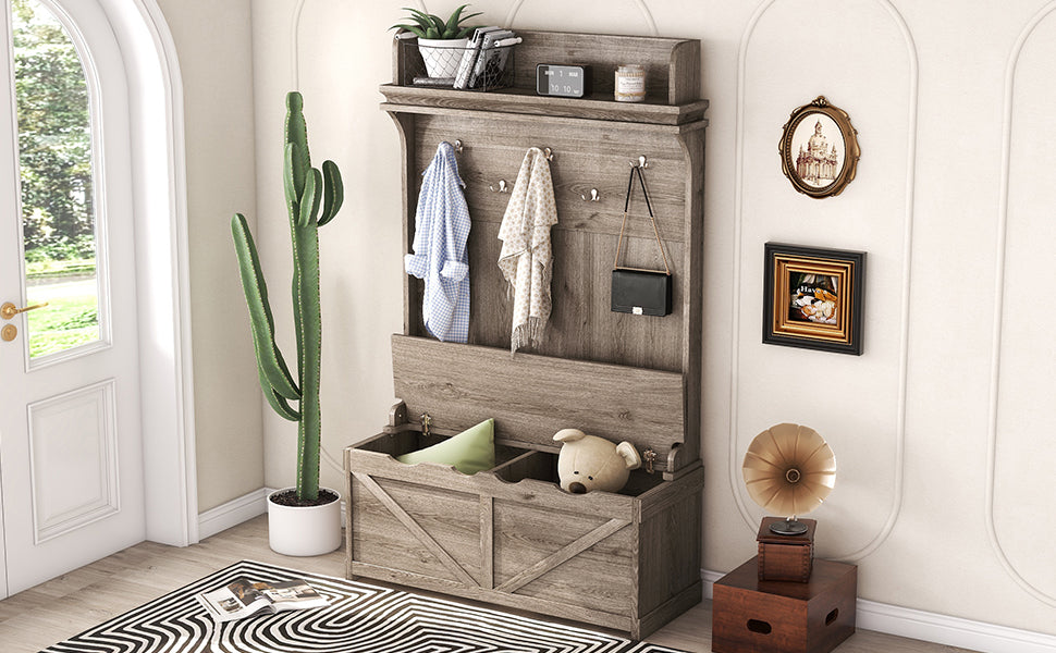 Hall tree with storage desk, entrance desk with drawers and 5 hooks, display rack,Oak - V.I.P Digital Presence